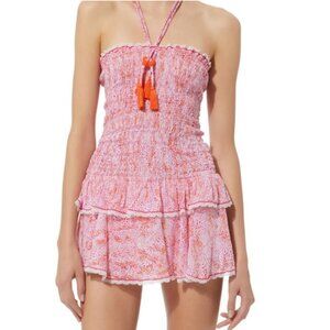 Poupette St. Barth Garbo Smocked Romper XS orange pink pom pom